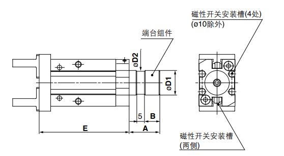 高溫夾爪氣缸橫向配管外形尺寸圖 高溫夾爪氣缸橫向配管外形尺寸圖